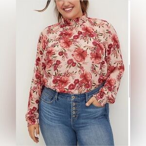 Torrid Chiffon Smocked High Neck Blouse Woman 2X  Floral Sheer Smoking Coquette